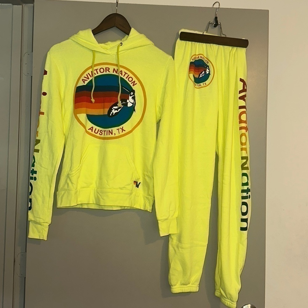 NWT‎ Aviator Nation Austin, TX Hoodie & Sweatpants // Neon Yellow - Sold as Set